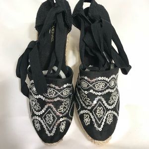 Eric Michael black wedge espadrilles with silver sequins, 9.5M, worn once.